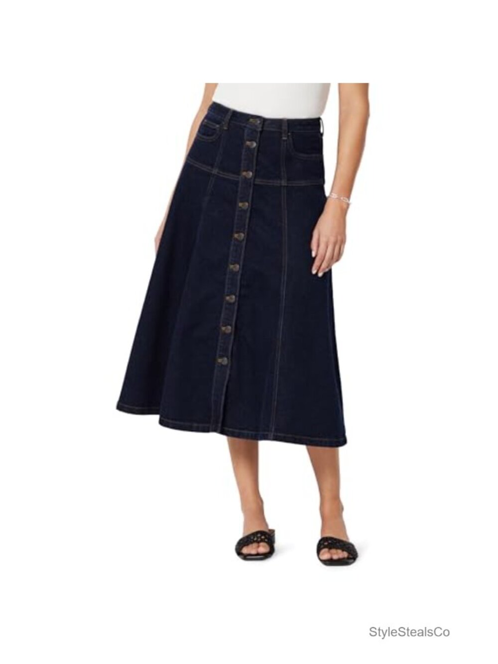 A-Line High-Rise Denim Button-Down Midi Skirt Comfort Stretch Regular Fit